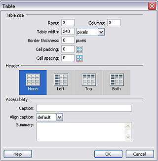 insert table in Dreaweaver